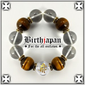 20mm ロンデル×水晶 虎目石タイガーアイ数珠ブレスレット メンズ開運祈願パワーストーン ヤクザやくざチョイ悪オラオラ系悪羅悪羅系 悪