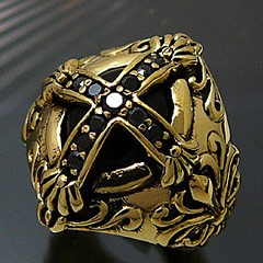 真鍮アクセサリー ブラス リング 指輪 ブラックジルコニア オニキス クロス 十字架 百合の紋章 フレア bssri0003