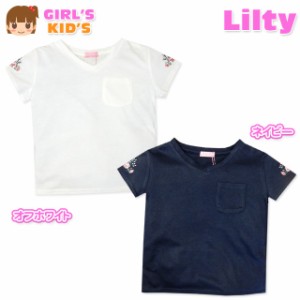 【送料無料】子供服 女の子 Tシャツ 半袖 胸ポケット Vネック 裾スリット 花柄刺繍 女児 キッズ 【メール便対応】