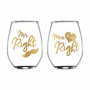 Fifth Avenue Crystal "Mr. Right" and "Mrs. Always Right" Stemless Wine Glasses set of 2 /ペアワイングラスグラス２個セット！