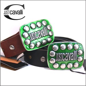  レザーベルト 皮ベルト JUSTCAVALLI イタリア製 インポート 楕円ロゴスタッズ入り革ベルト 牛革 本革  （2色） 