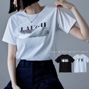 ロゴ×シルバー箔プリントTシャツ トップス Tシャツ 半袖 ロゴT プリントT 綿100 綿 コットンT