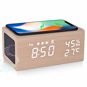 目覚まし時計 めざまし時計 スピーカー Bluetooth5.0 Qiワイヤレス充電器 3組アラーム 木目 置き時計 デジタル時計 卓上時計 湿度 温度計
