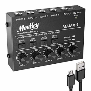 Moukey オーディオミキサー 4チャンネル usb DC 5V超低ノイズ サブミキシング用 ラインミキサー 小型ミニオーディオミキサー クラブ/バー