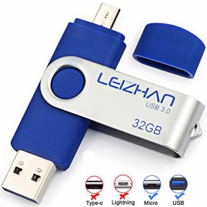 LEIZHAN メモリー・フラッシュドライブ 3.0高速転送 32G ブルー 回転式 人気 USB OTG 3.0携帯電話用 容量不足解消 マイクロペンドライブ 