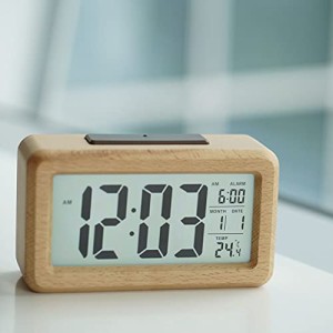 目覚まし時計 天然木製 おしゃれ デジタルアラーム置時計 木目 可愛い 温度計 電池式 多機能 光センサー付き ベッドルーム リビング 持ち