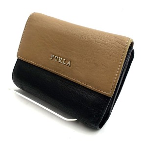 FURLA / フルラ ◆三つ折り財布/レザー/ロゴ/ブラック×ベージュ　 メンズファッション 【中古】 