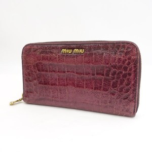 miu miu / ミュウミュウ ◆クロコ調 ラウンドファスナー ワインレッド【財布/サイフ/ウォレット/wallet/コイン】 【中古】 