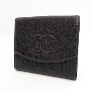 CHANEL / シャネル ◆ココ キャビアスキン コンパクトウォレット 二つ折り財布 ブラック ブランド【財布/ウォレット/wallet】