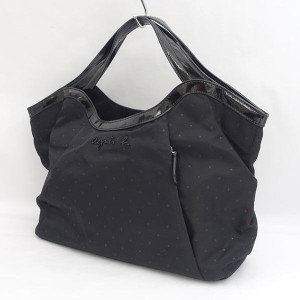 agnes b / アニエスベー ■ドット柄 ハンドバッグ ナイロン レザー ブラック ブランド【バック/BAG/鞄/カバン】 【中古】 