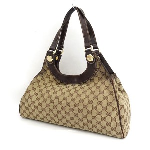 GUCCI / グッチ ■ハンドバッグ GGキャンバス レザー ベージュ ブラウン 154981-200905 ブランド【BAG/鞄/カバン】 【中古】 