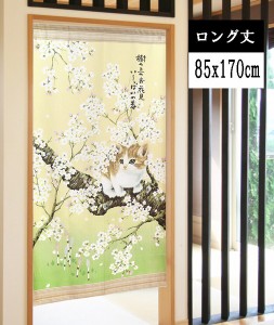 のれん 目隠し 85X170cm「春ネコボーダー」 日本製 ロングサイズ 暖簾 / 家具・インテリア ファブリック・敷物