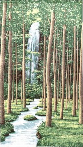  のれん 受注生産 目隠し 「滝と川辺」85x150cm 日本製 風景 景色 / 家具・インテリア ファブリック・敷物