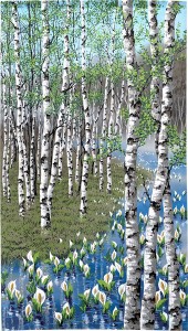  のれん 受注生産 目隠し 「白樺と水芭蕉」85x150cm 日本製 風景 景色 / 家具・インテリア ファブリック・敷物