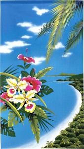  のれん 受注生産 目隠し 「Tropical_Flower」85x150cm 日本製 風景 景色 ハワイアン / 家具・インテリア ファブリック・敷物