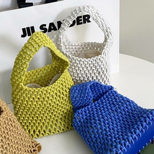巾着付きのミニ編みバッグ 編みかごバッグ 底PU素材で高級感 ランチバッグ / ファッション バッグ・財布