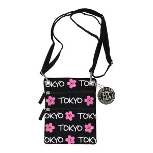 和風 ショルダーバッグ ネックウォレット サクラキラキラ 桜 花 和柄 TOKYO 黒色 ブラック 16×20.5cm / ファッション バッグ・財布 三つ