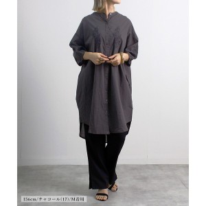 インド綿 フラワー刺繍チュニック丈シャツ 半袖 SS ブラウス 綿キャンブリック バンドカラー / ファッション レディースアパレル トップ