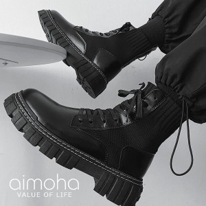  aimoha MEN レースアップ厚底ブーツ ソックスブーツ風ブーツ メンズ / ファッション 靴 ショート