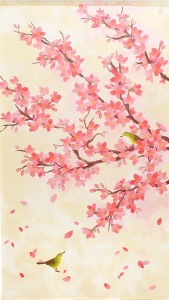 のれん 目隠し 85X150cm 山中奈緒子「桜と鳥」 日本製 和風 / 家具・インテリア ファブリック・敷物