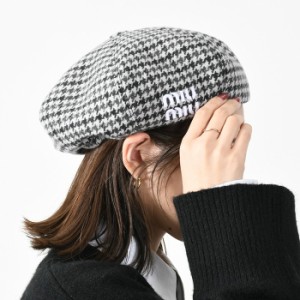 MIU MIU ミュウミュウ ハット 帽子 ベレー帽 ハウンドトゥースチェックHAT 5HC075 2F87 レディース GRIGIO NERO グレー 千鳥格子 ロゴ 人