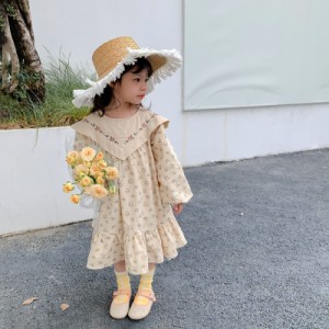 子供服花柄刺繍女の子ドレス2023春新作Vネック長袖子供気質お姫様ドレス人気 おしゃれ キッズ