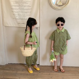 子供服 2023年夏新作 韓国版 男の子 女の子 花柄 半袖 ショートパンツ ツーピース 子供 無地 兄妹服