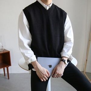 Ｖネックベスト シンプル ベスト ブラック 黒 グレー 韓国ファッション 灰色 ネイビー 紺 レギュラー丈 袖なし ノースリーブ Vネック ス
