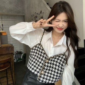 シャツ ベスト 魅せる トップス ブラック 韓国ファッション 黒 ホワイト 白 レギュラー丈 袖あり 長袖 襟付き シングルブレスト ボタン 