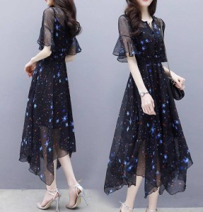 韓国 ファッション レディース ワンピース ドレス シフォン アシンメトリー シースルー 星柄 フレア ドレス きれいめ お呼ばれ 二次会