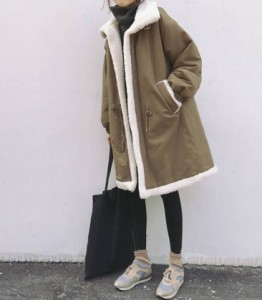 韓国 ファッション レディース ボア ロングコート ミリタリージャケット ビッグシルエット アウター カジュアル ゆったり 防寒 暖かい 秋