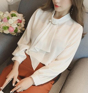 韓国 ファッション レディース ブラウス 長袖 白 ビジネス シャツ 大きいサイズ パフスリーブ ボウタイ パール フォーマル リボン きれい