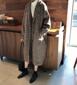 韓国 ファッション レディース チェスターコート グレンチェック ロングコート アウター オーバーサイズ ビッグシルエット 防寒 秋冬