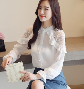 韓国 ファッション レディース シャツ トップス シフォン レース 花柄 フリル 透け感 シースルー 透け感 きれいめ 上品 大人可愛い 女子