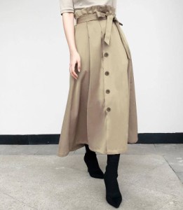 韓国 ファッション レディース スカート フレア ロング ハイウエスト トレンチ リボン 大きいサイズ Aライン 上品 大人可愛い 通勤 きれ