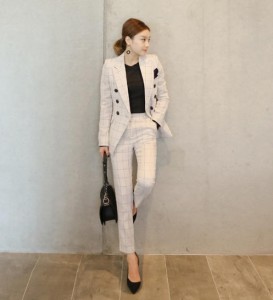 韓国 ファッション レディース セットアップ パンツスーツ チェック テーパードパンツ ハイウエスト 大きいサイズ 入学式 卒業式 ビジネ