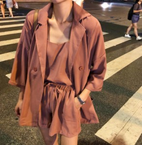 韓国 ファッション レディース セットアップ ジャケット キャミソール ショートパンツ ウエストゴム 大きいサイズ カジュアル ルームウェ