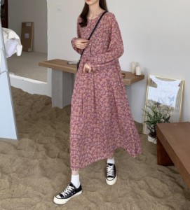 韓国 ファッション レディース ワンピース ロング ワンピ 花柄 フレア ゆったり レイヤード 長袖 大人可愛い レトロ フェミニン