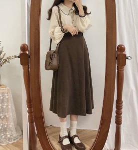 2色 スカート ロング フレア ハイウエスト ベルト付き レトロ 大人可愛い シンプル 韓国 オルチャン ファッション