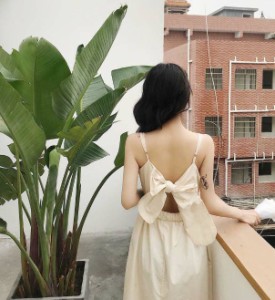 3色 ワンピース ロング リボン キャミソール バックシャン 背中見せ ゆったり セクシー リゾート 韓国 オルチャン ファッション