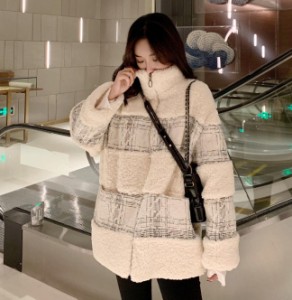 韓国 ファッション レディース ボアジャケット ツイード アウター ハイネック 長袖 もこもこ ゆったり カジュアル きれいめ 防寒 秋冬