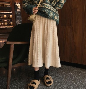 韓国 ファッション レディース フレアスカート ニット ロング ケーブル編み ハイウエスト ゆったり カジュアル 大人可愛い 秋冬