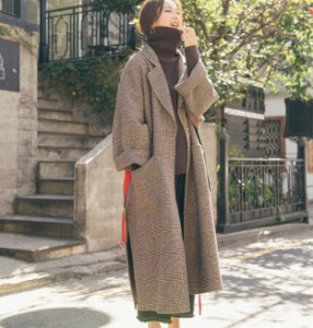 韓国 ファッション レディース ロングコート 大きいサイズ チェック チェスターコート アウター スリット オーバーサイズ 秋冬