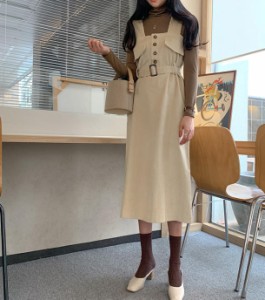 韓国 ファッション レディース ジャンパースカート ワンピース コーデュロイ ロング ミモレ丈 ベルト付き 大人可愛い ゆったり カジュア