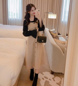 韓国 ファッション レディース ジャンパースカート ワンピース ロング ハイウエスト 大きいサイズ フレア きれいめ 大人可愛い 秋冬