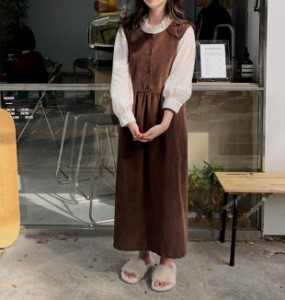 韓国 ファッション レディース ジャンパースカート ワンピース ロング コーデュロイ 大きいサイズ ゆったり カジュアル 大人可愛い 秋冬