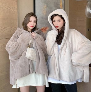韓国 ファッション レディース パーカー ファー アウター フード付き ビッグシルエット 長袖 ゆったり ふわふわ カジュアル 防寒 秋冬