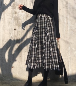 韓国 ファッション レディース スカート ロング ツイード ミモレ丈 大きいサイズ ハイウエスト フリンジ フレア 大人可愛い 上品 秋冬