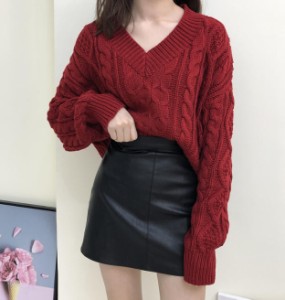 韓国 ファッション レディース ニット トップス Vネック ケーブル編み 長袖 ゆったり 大人可愛い カジュアル シンプル 秋冬