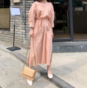 韓国 ファッション レディース ワンピース ロング ハイウエスト スリット リボン ウエストマーク 長袖 ゆったり 無地 大人可愛い フェミ